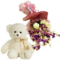 Online Flowers in Jammu including 6 Purple Orchids 6 Yellow Carnations Bunch 6 Inch Teddy