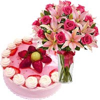 Wedding Cake Delivery in Jammu from Taj involves 4 Pink Lily 15 Rose Vase to Jammu