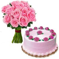 Cakes to Jammu. 1/2 Kg Strawberry Cake 12 Pink Roses Bouquet to Jammu