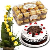 Send Cake to Jammu Same Day Delivery including 15 Yellow Rose Basket 1/2 Kg Black Forest Cake 16 Pcs Ferrero Rocher
