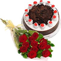 Same Day Flower and Cake Delivery in Jammu including Red Roses 1/2 Kg Eggless Black Forest Cake to Jammu