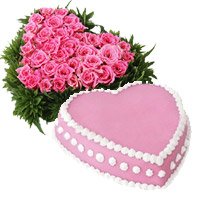 Online Midnight Cake and flower to Jammu having 36 Pink Roses Heart 1 Kg Eggless Strawberry Cake to Jammu