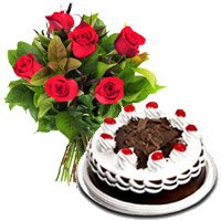 Valentine's Day Cake to Jammu. 6 Red Roses 1/2 Kg Black Forest Cake
