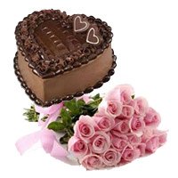 Midnight Cake to Jammu having Bunch of 15 Pink Roses 1 Kg Heart Shape Chocolate Truffle Cake to Jammu